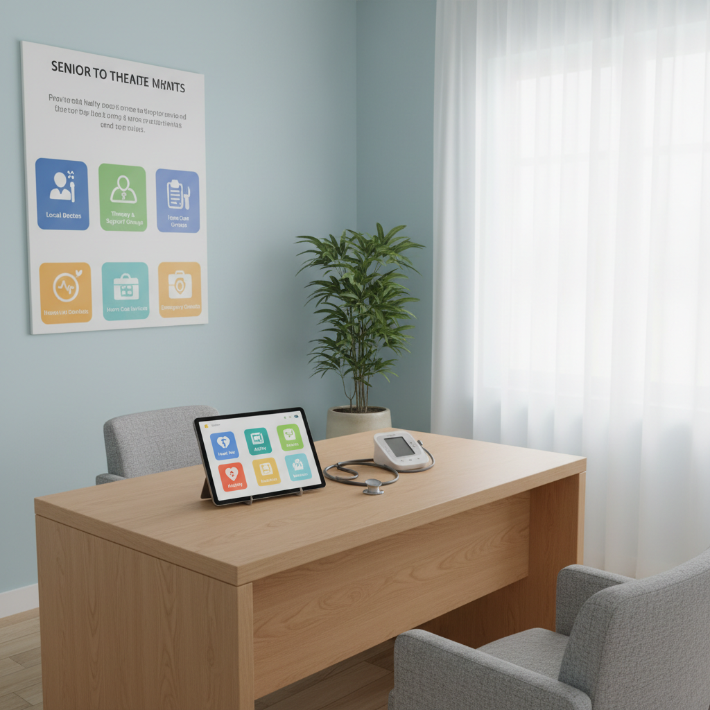 A clean, well-equipped senior health consultation room designed to feel welcoming rather than clinical. A light-wood table holds a tablet on a stand showing a simple dashboard with large health-related icons, alongside a blood pressure cuff and a neatly coiled stethoscope. On the wall, a large, easy-to-read chart uses icons, colors, and simple graphics instead of tiny text to explain local health services and support options. The room features soft-blue walls, a potted plant in the corner, and a wide window letting in diffused daylight. Photographic realism with eye-level framing and soft, even lighting creates minimal shadows and a calm, professional atmosphere, emphasizing clarity, comfort, and trust for seniors seeking medical guidance nearby.
