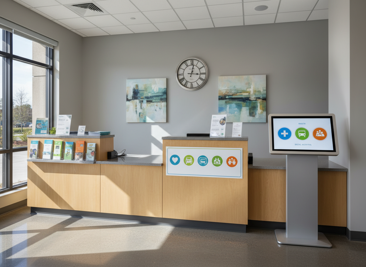 A neatly organized community resource desk in a modern senior center, featuring a large, light-wood counter with clearly arranged stacks of colorful brochures and simple icon-based maps instead of text. A silver-framed touchscreen kiosk displays a clean, graphic interface with large buttons symbolizing health, transport, and social activities. Behind the desk, soft-gray walls are decorated with abstract, calming artwork and a large analog clock. Natural daylight pours in from tall windows to the left, creating gentle reflections on the polished floor and soft shadows behind the counter. Photographic realism at eye level, with a slightly wide angle capturing the welcoming lobby, crisp focus throughout, and a calm, professional atmosphere that feels accessible and easy to navigate for seniors seeking local support.