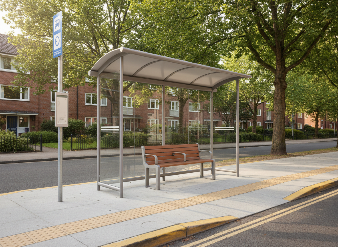 A bright, well-maintained city bus stop designed for seniors, with a sturdy bench featuring high armrests, a smooth metal shelter, and a clearly marked curb ramp. A tall route sign uses simple icons of a bus, clock, and arrows instead of words, while a nearby tactile paving strip adds texture along the sidewalk. In the background, low-rise neighborhood buildings and leafy trees line a quiet street. Soft, late-morning sunlight casts clean, defined shadows from the shelter and bench, highlighting their shapes. Photographic realism with an eye-level composition and moderate depth of field keeps the focus on the accessible design. The mood is reassuring and practical, suggesting reliable senior-friendly transportation options in the community.