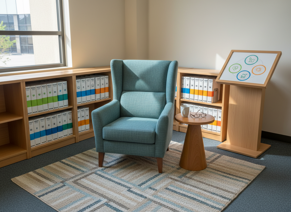 An inviting corner of a public library dedicated to senior resources, with low, easy-to-reach shelves filled with large-format binders labeled only by bold color bands and simple icons for health, housing, and recreation. A comfortable, high-backed armchair with firm cushions and a small, round wooden side table sit on a soft rug with subtle geometric patterns. Nearby, a freestanding information board displays large, icon-based diagrams instead of text. Gentle afternoon light filters through a nearby window, creating warm highlights on the wood and soft shadows under the furniture. Photographic realism, shot from a slightly elevated angle with a cozy, professional mood, highlighting a calm, quiet space where seniors can comfortably explore local support services.
