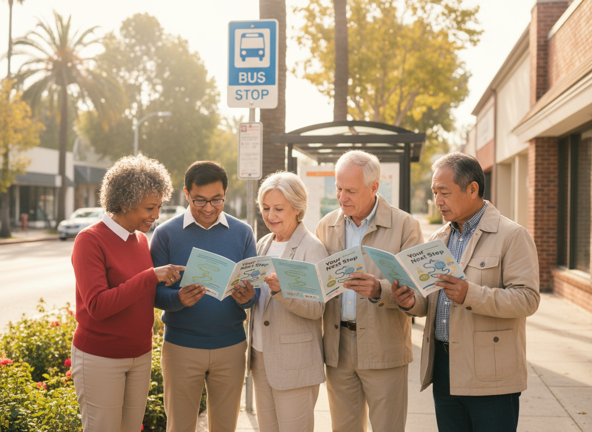 Seniors standing at a bus stop reading the Your Next Step resource guide