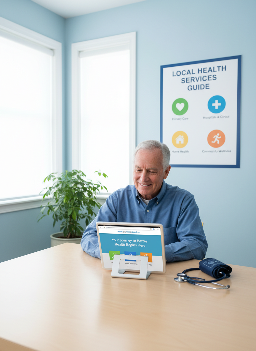 A clean, welcoming senior health consultation room. A senior person sits at a light-wood table looking at a tablet on a stand. The tablet screen clearly and prominently displays the www.yournextstep.live website homepage with the URL visible in the browser bar. The table also holds a blood pressure cuff and a neatly coiled stethoscope. On the wall, a large easy-to-read chart uses icons and colors to explain local health services. Soft-blue walls, a potted plant in the corner, and a wide window letting in diffused daylight. Photographic realism, eye-level framing, soft even lighting, calm and professional atmosphere.
