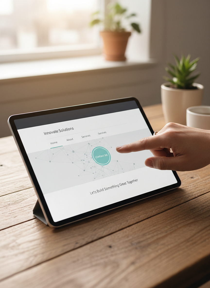 Photorealistic close-up of a person's hand pressing a "Contact" button on a website displayed on a modern tablet screen. The screen clearly shows a professional website interface with a visible Contact button being tapped. Warm, natural lighting. Clean and inviting feel. Shot from a slightly elevated angle.