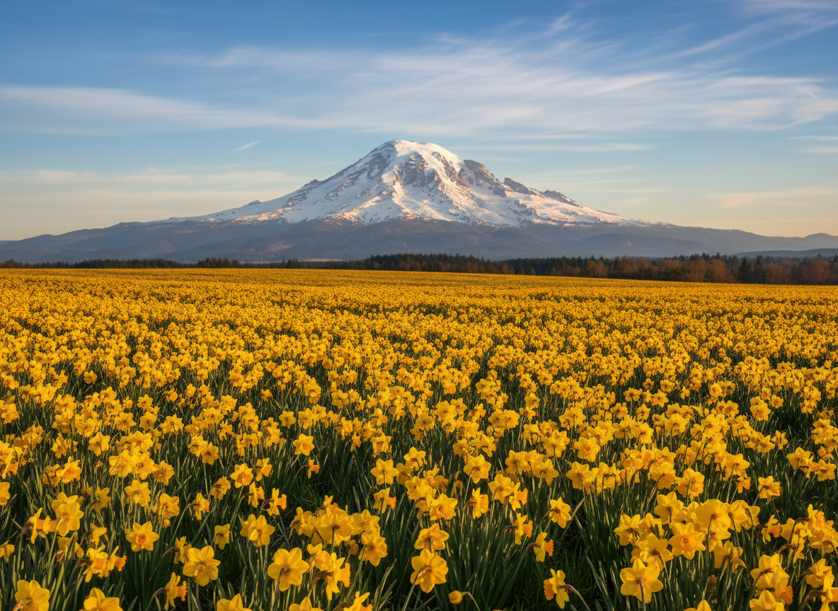 Photorealistic landscape photo of Mount Rainier in the background with a vast field of blooming yellow daffodils in the foreground. Snow-capped Mount Rainier dominates the sky, bright blue sky with light clouds. The daffodils fill the entire foreground, lush green stems and bright yellow blooms. Pacific Northwest spring scene. Wide angle, cinematic composition, golden hour light.
