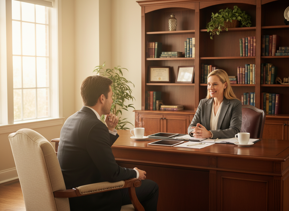 A professional office setting with a warm, welcoming atmosphere. A person sitting across from a professional advisor or counselor at a clean desk, engaged in a helpful conversation. The advisor is listening attentively, with papers or a tablet visible on the desk. Soft natural light, professional decor, bookshelves in the background. Photographic realism, conveying trust, support, and professional guidance.