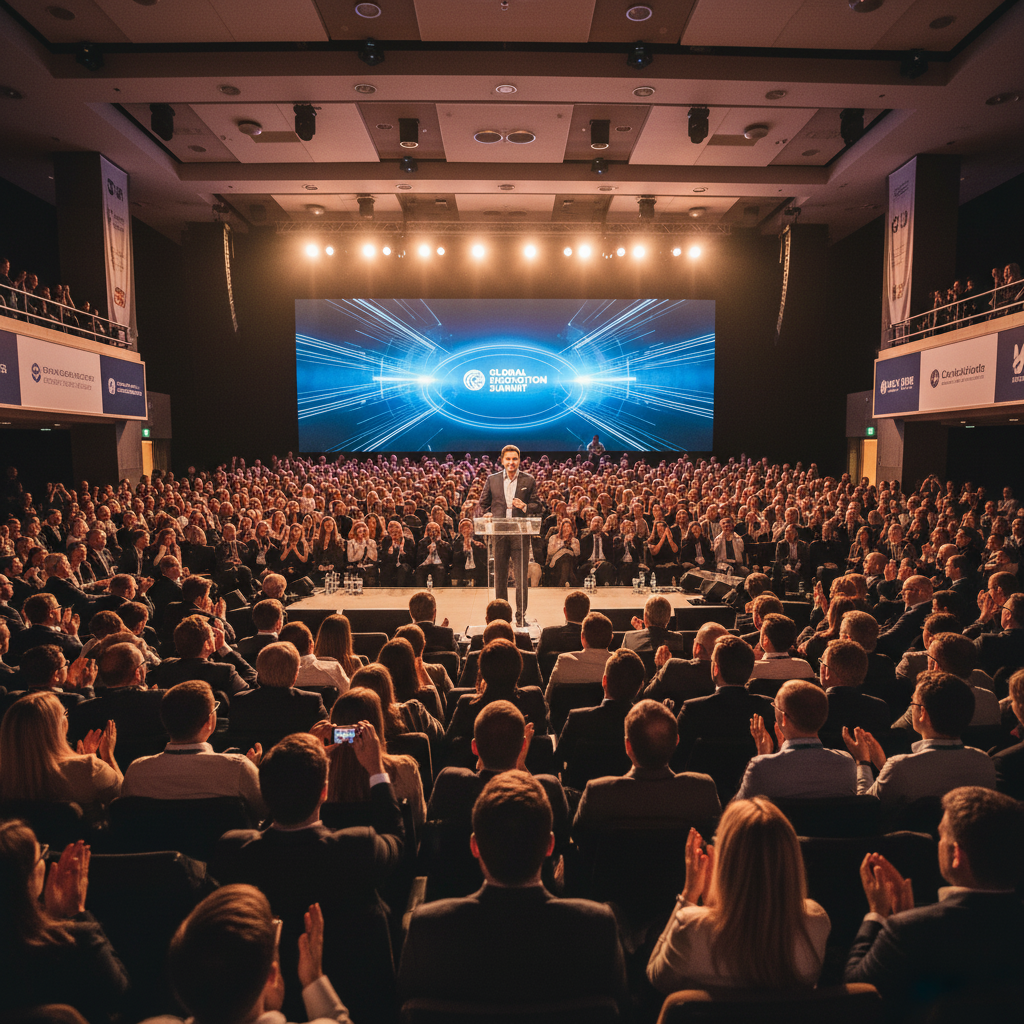 A large auditorium filled with an engaged audience of adults listening attentively to a professional speaker on stage. The speaker stands at a podium or in front of a large presentation screen, dressed in professional business attire. The auditorium has rows of seated attendees, warm stage lighting illuminating the speaker, and a sense of energy and community. Photographic realism, wide-angle shot showing both the speaker and the full crowd, professional conference or seminar atmosphere.